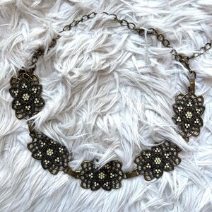 Vintage 80s Boho Cabochon Chain Waist Hip Belt Antique Gold Adjustable OS